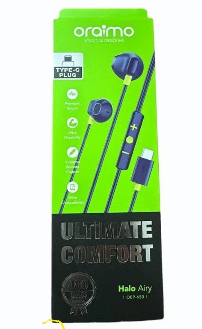 oraimo Halo Airy (OEP-650) Type-C Wired Earphones – Premium Sound, Ultimate Comfort & 3-Button In-Line Control